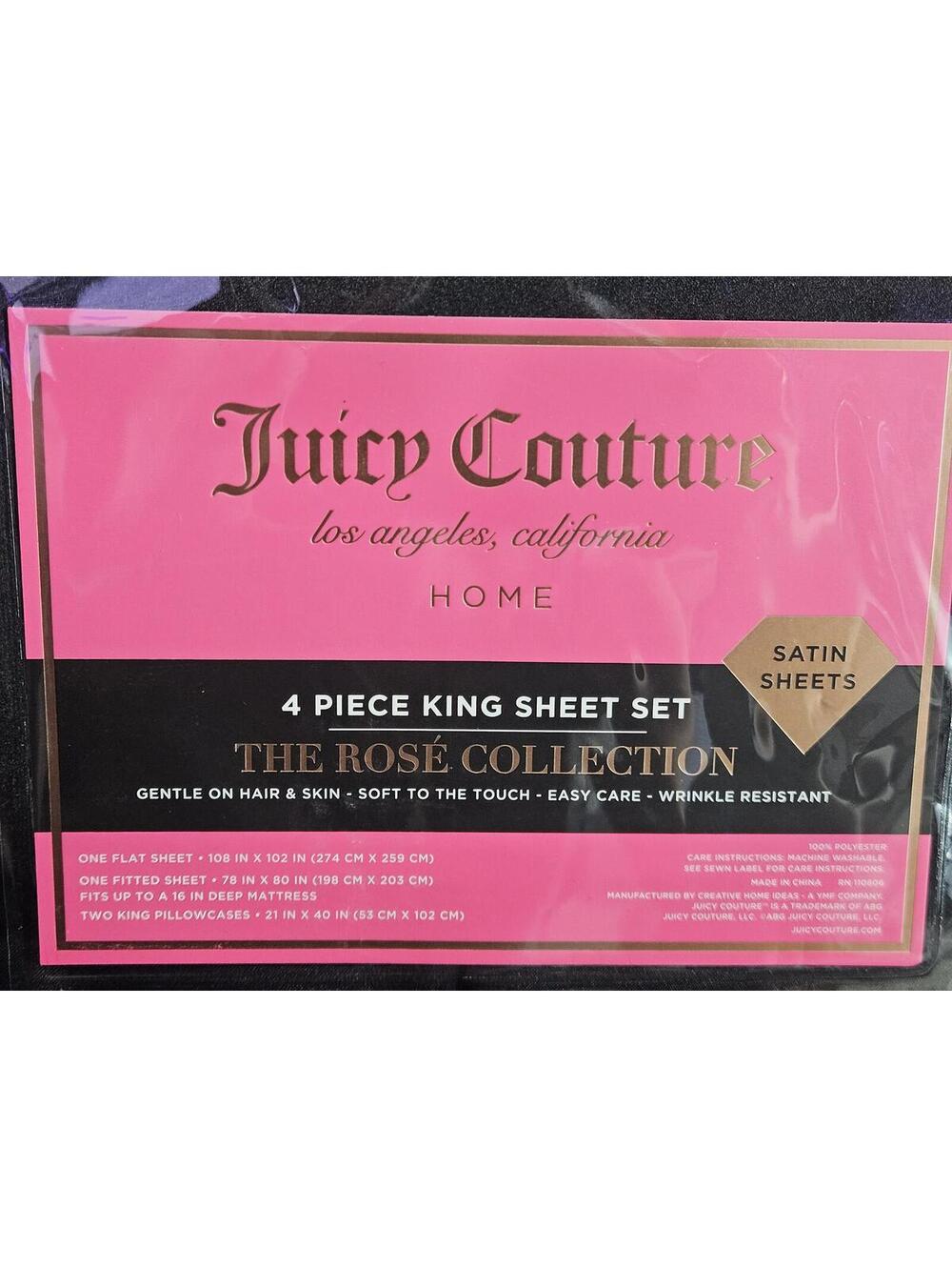 Juicy Couture King Satin Sheet 4 piece Set Black Rose Collection NWT